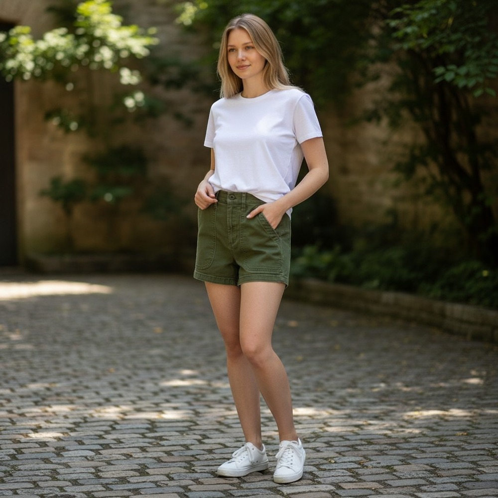 Madewell High-Rise Utility Camp Shorts Olive Green Size 25 Cotton Twill